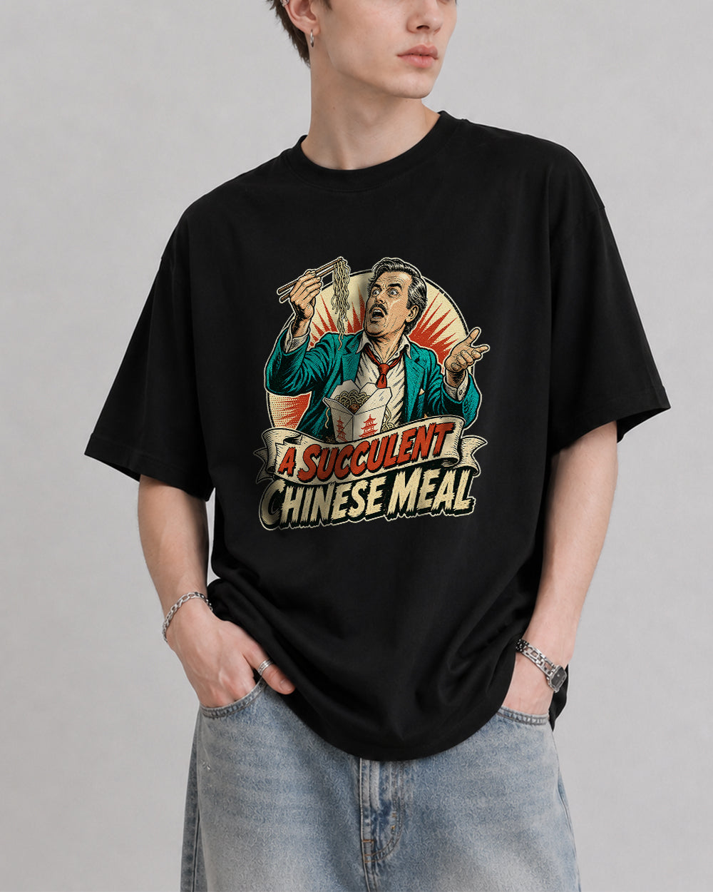 A Succulent Chinese Meal Retro Graphic T-Shirt in Black, front model view 1