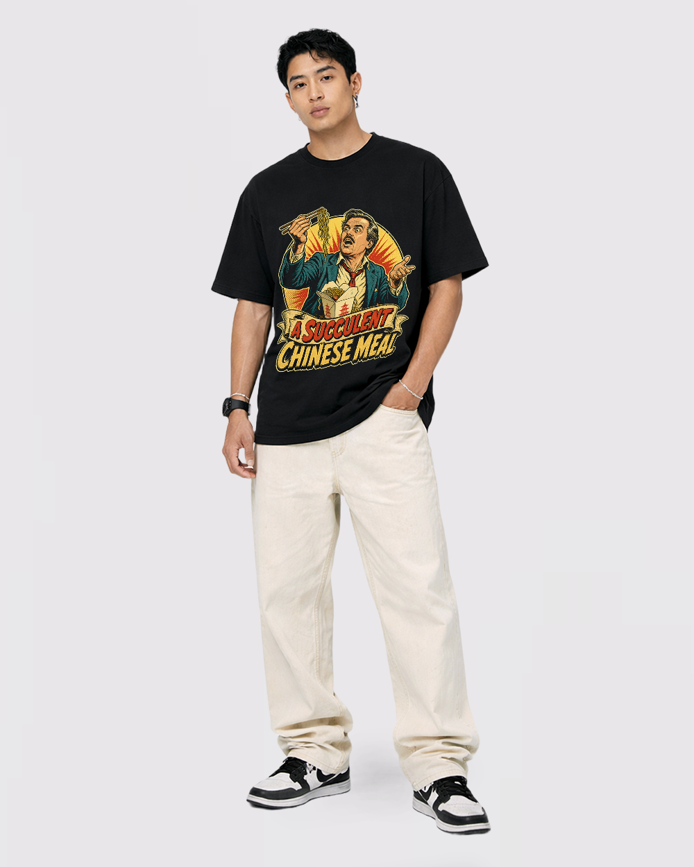 A Succulent Chinese Meal Retro Graphic T-Shirt, full body fit view, image 2