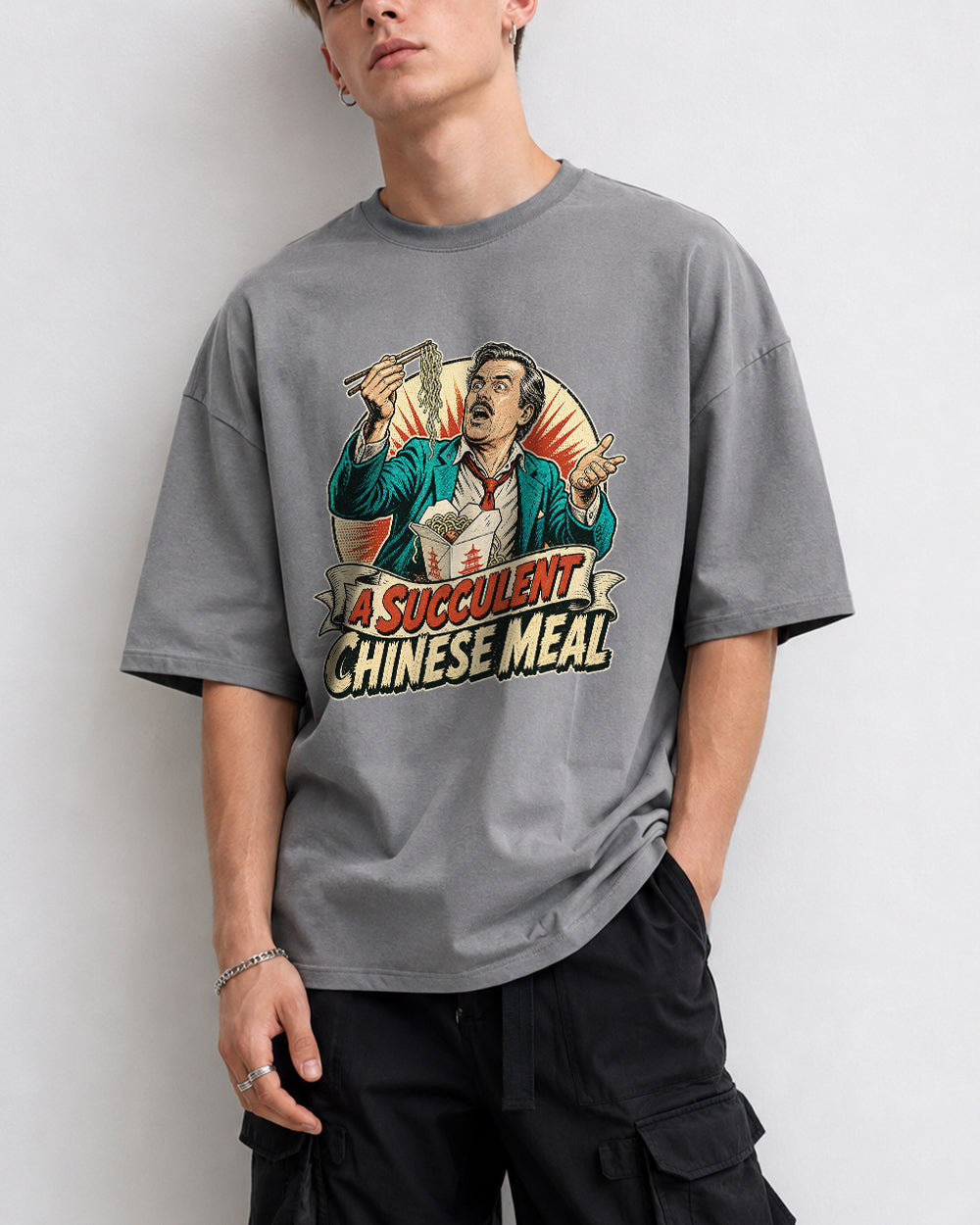 A Succulent Chinese Meal Retro Graphic T-Shirt in Gray, front model view 3