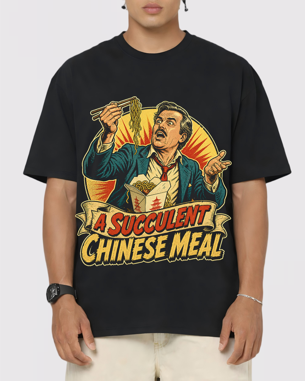 A Succulent Chinese Meal Retro Graphic T-Shirt, primary front view, image 1