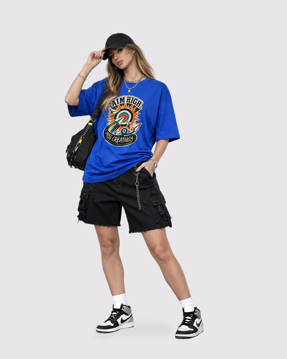 Beige Aim High Miss Creatively Graphic T-Shirt full body fit view 2 image