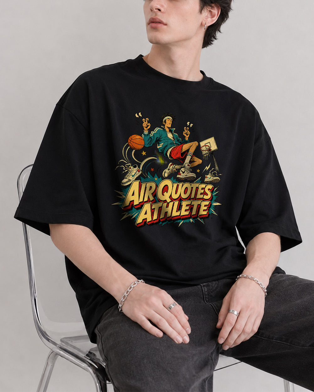 Air Quotes Athlete Graphic T-Shirt in Black, front model view 1