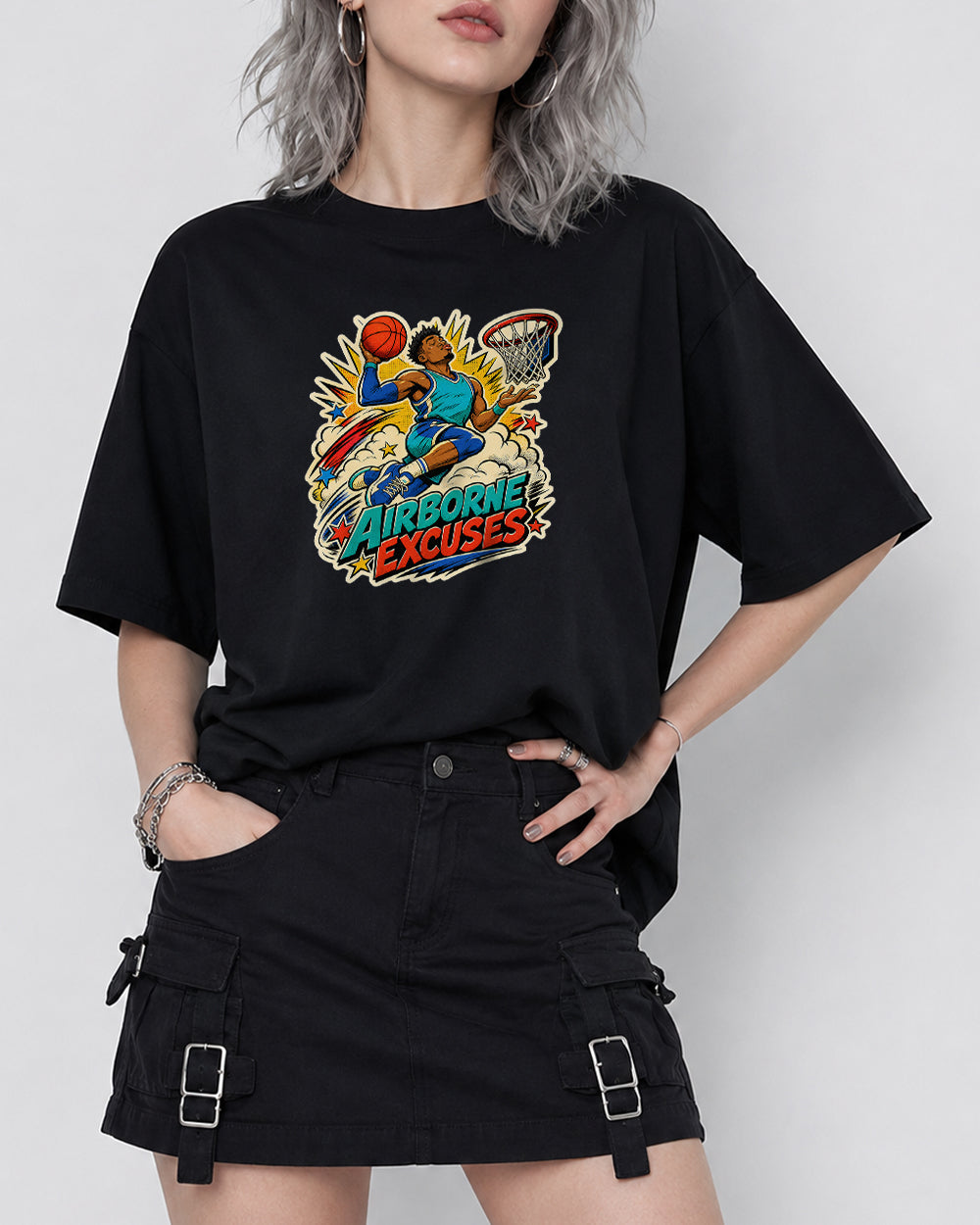 Airborne Excuses Sports Graphic T-Shirt in Black, front model view 1