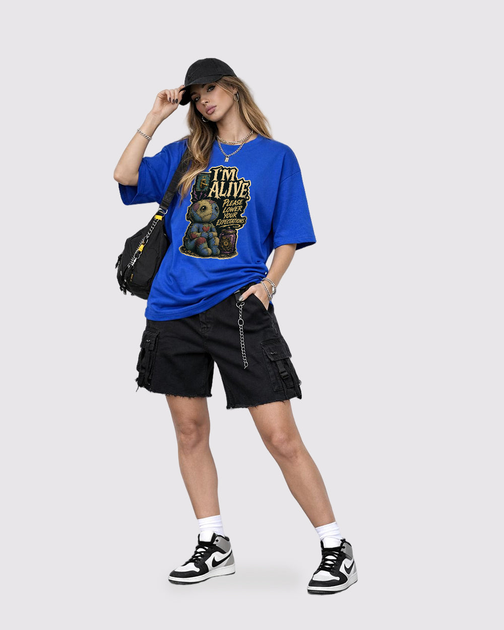 Alive, Please Lower Your Expectations Funny Graphic T-Shirt, full body fit view, image 2