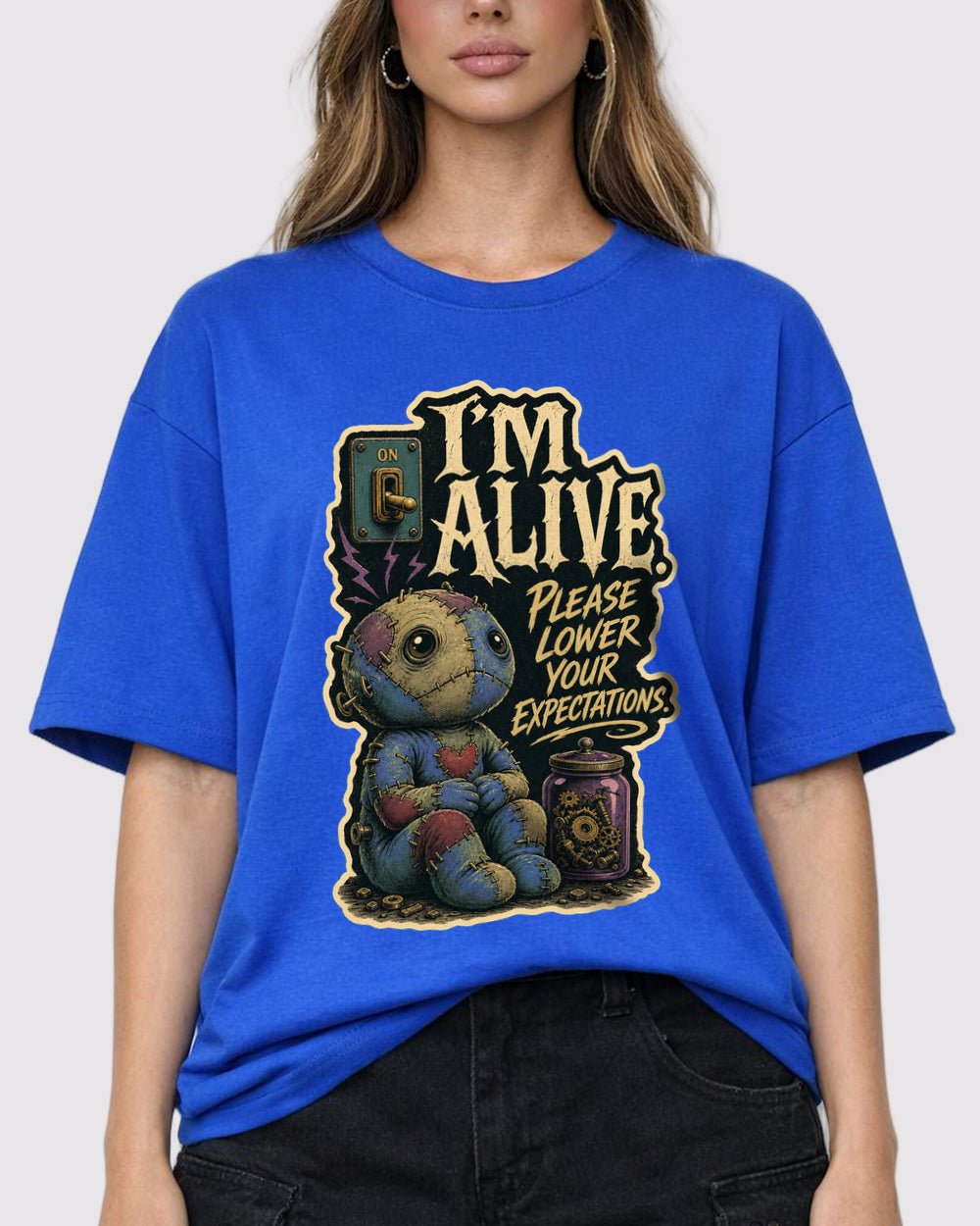 Alive, Please Lower Your Expectations Funny Graphic T-Shirt, primary front view, image 1