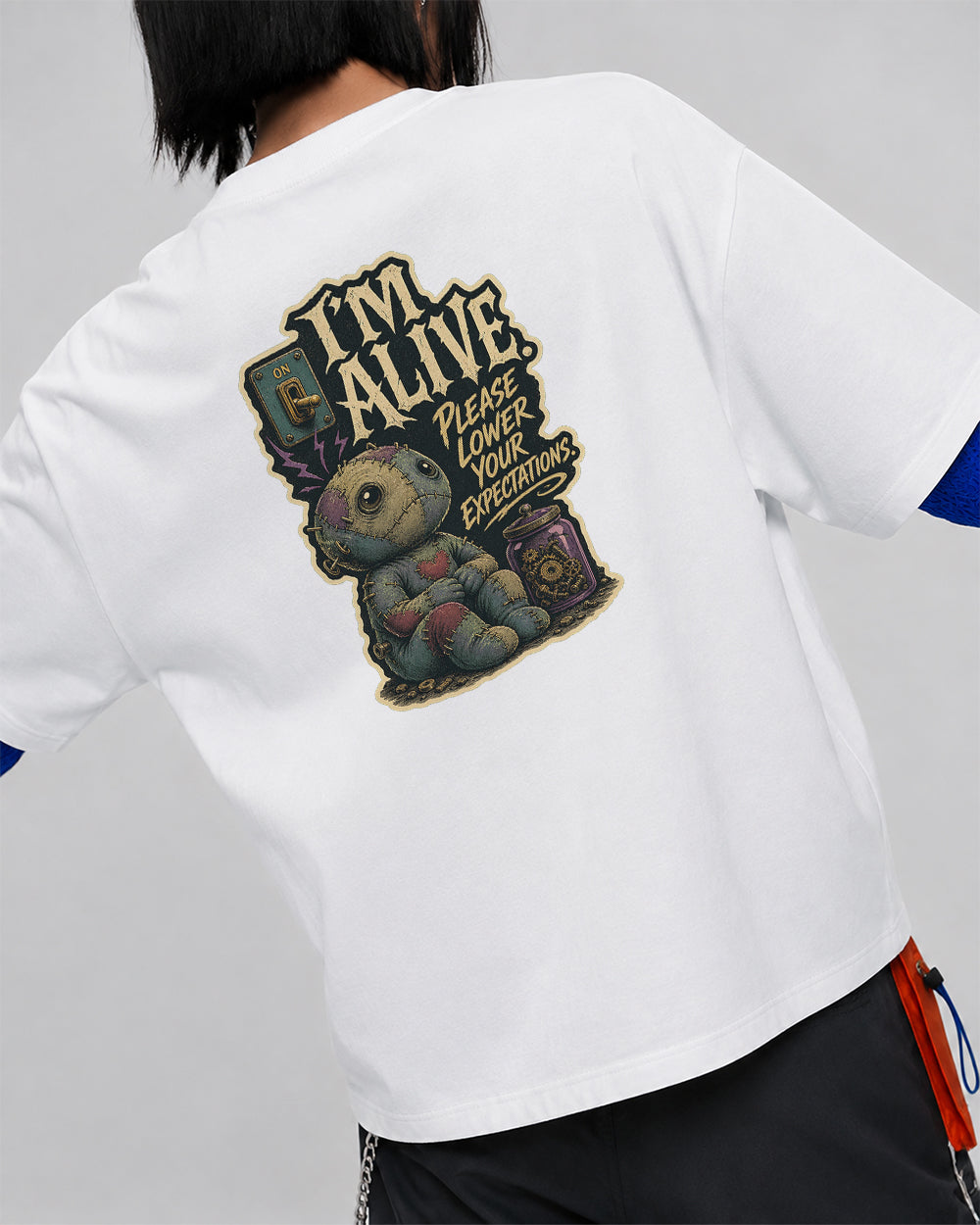 Alive, Please Lower Your Expectations Funny Graphic T-Shirt in White, back model view 3