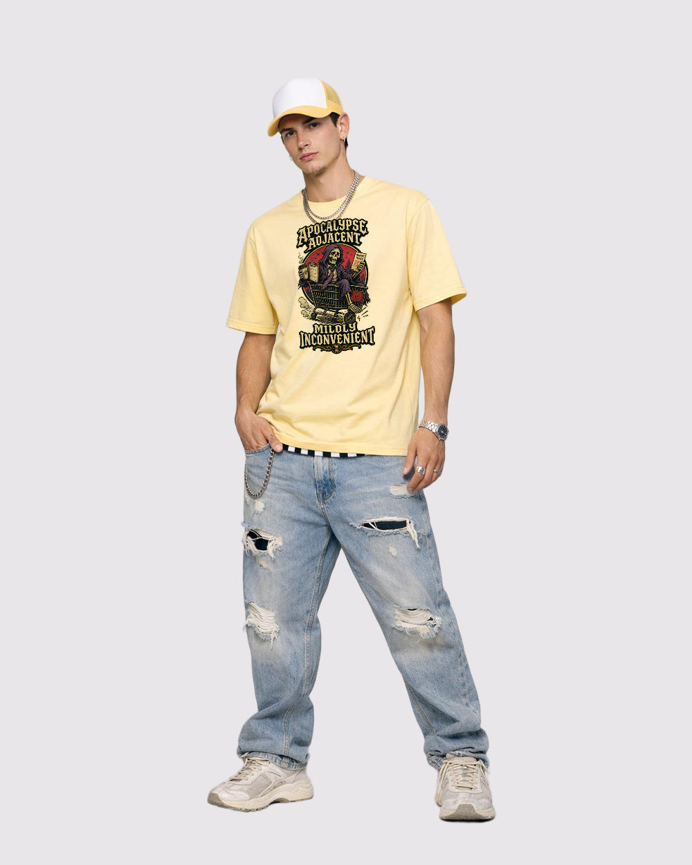 Apocalypse Adjacent Dark Graphic T-Shirt, full body fit view, image 2