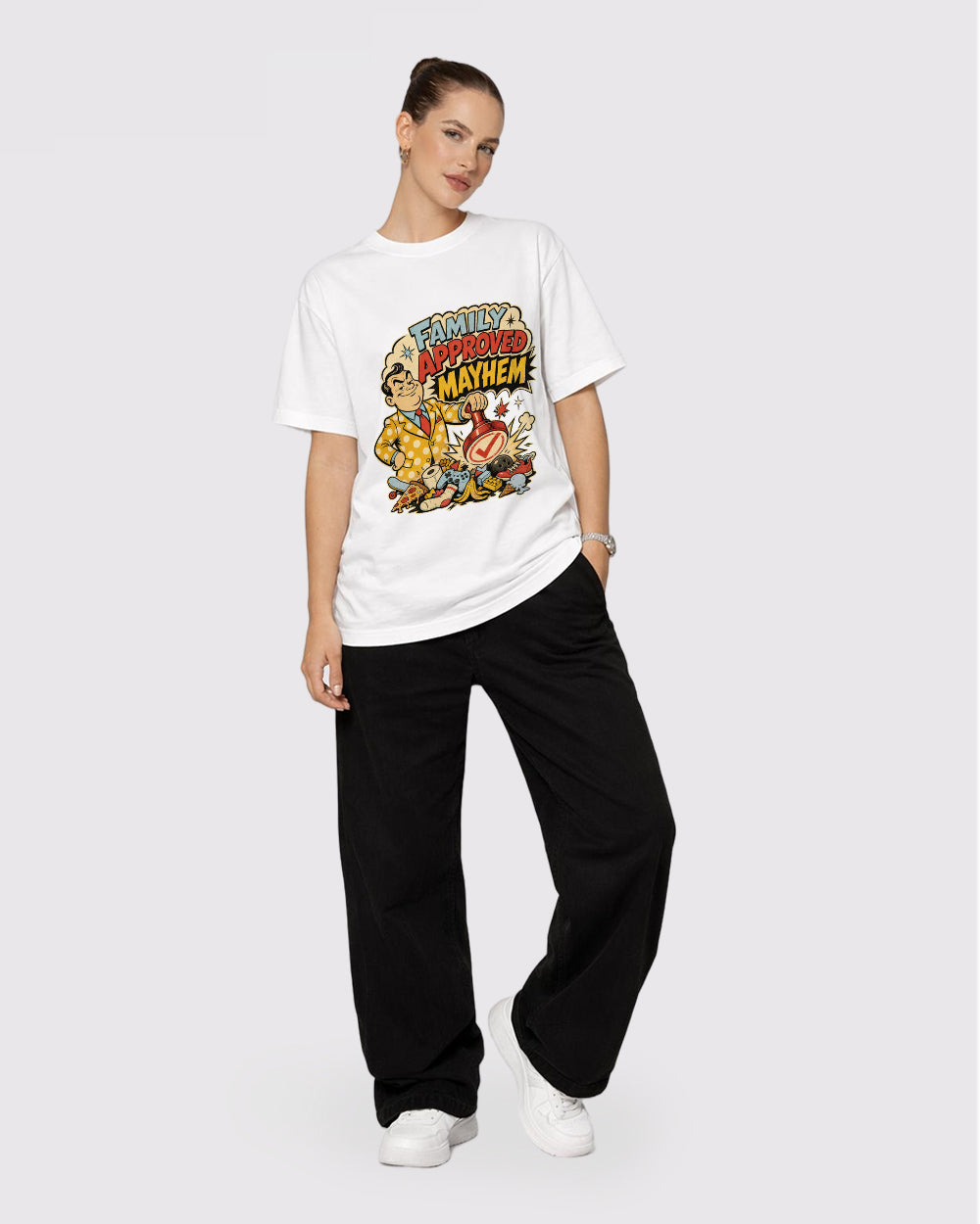 Approved Mayhem Funny Graphic T-Shirt, full body fit view, image 2