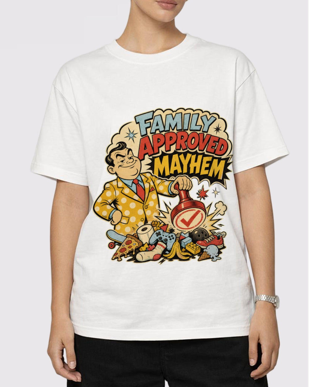 Approved Mayhem Funny Graphic T-Shirt, primary front view, image 1