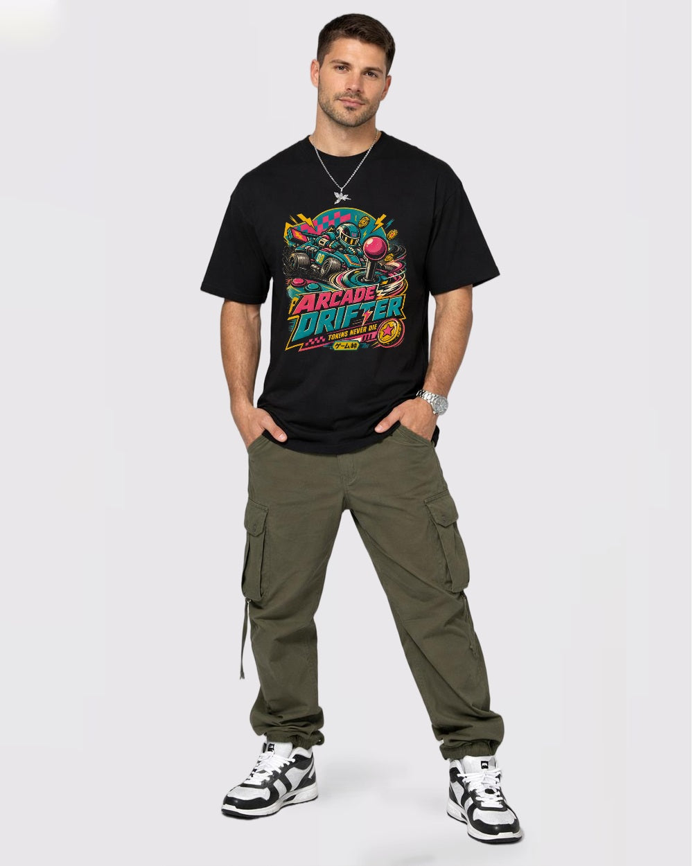 Arcade Drifter Streetwear Graphic T-Shirt, full body fit view, image 2