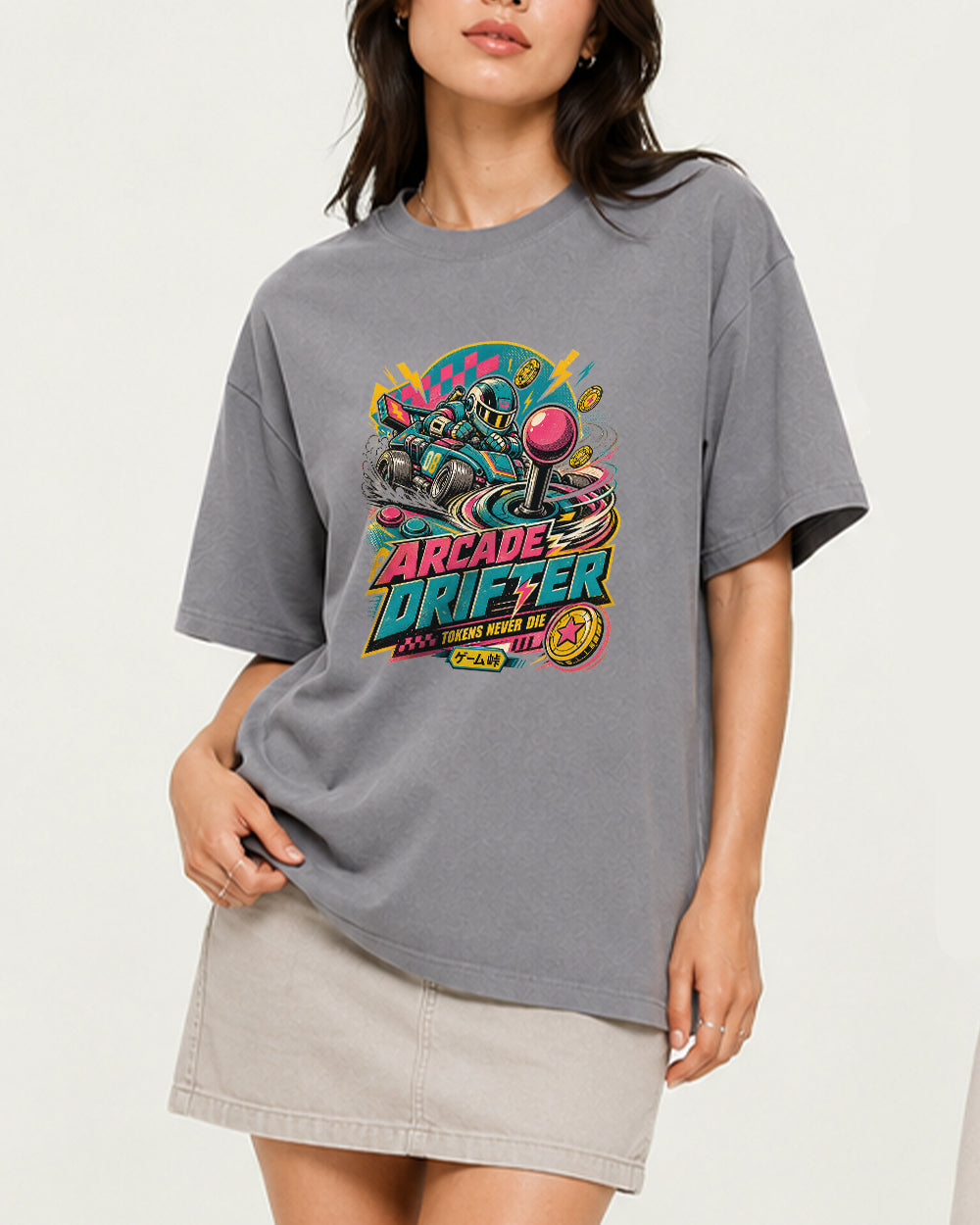 Arcade Drifter Streetwear Graphic T-Shirt in Gray, front model view 3