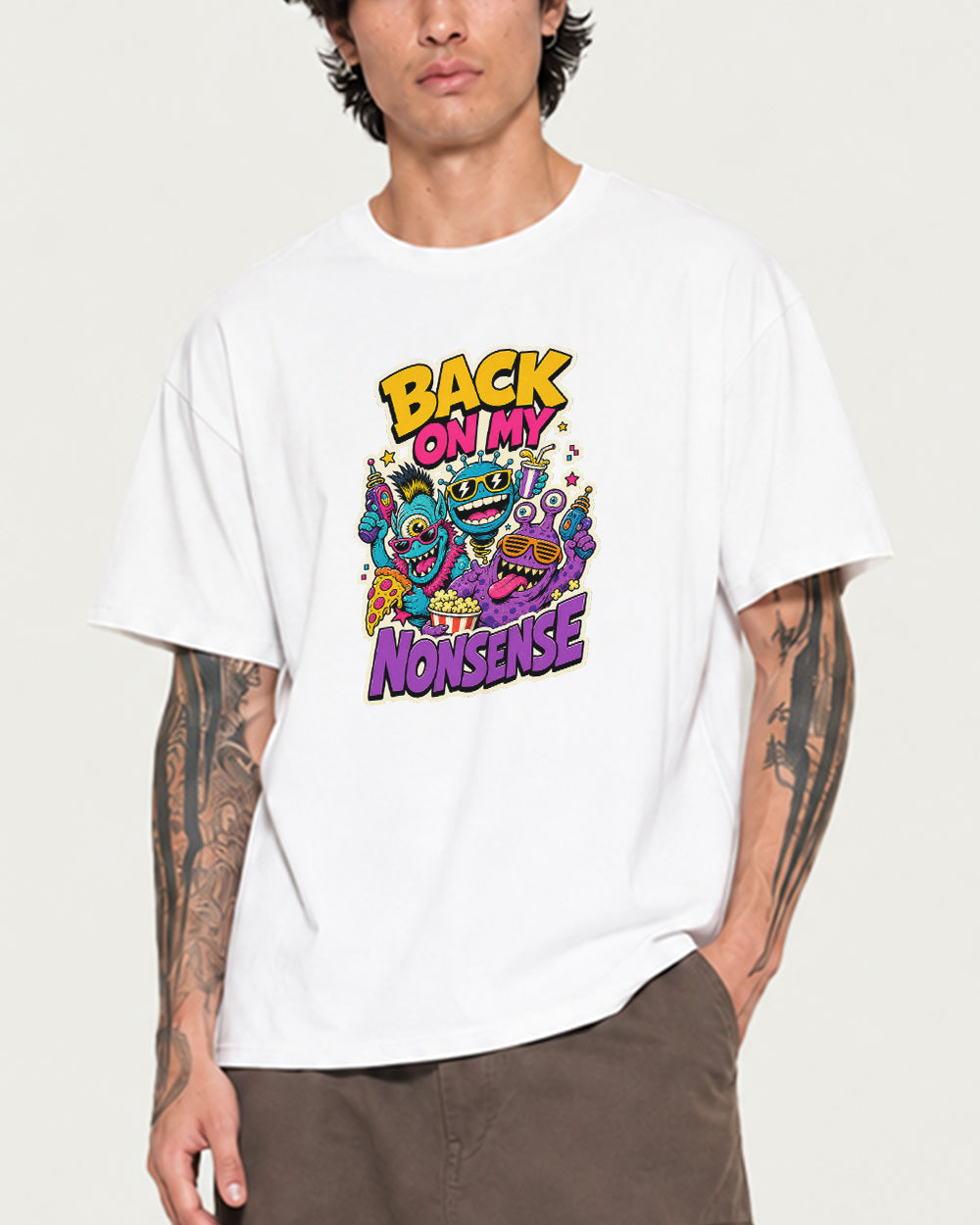 Back on My Nonsense Gaming Graphic T-Shirt in White, front model view 5