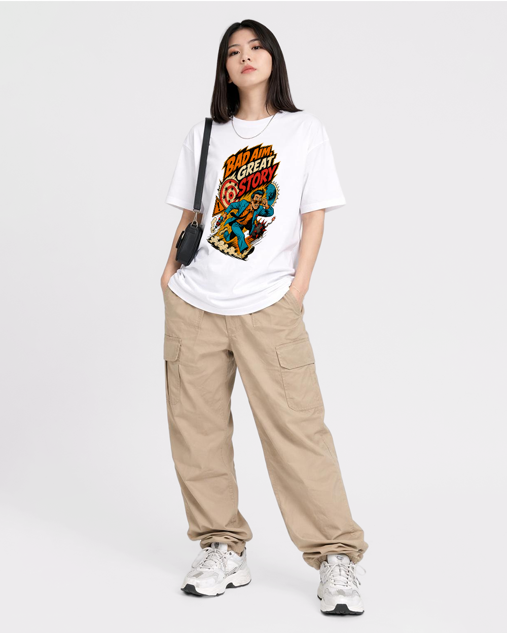 Bad Aim, Great Story Retro Graphic T-Shirt, full body fit view, image 2