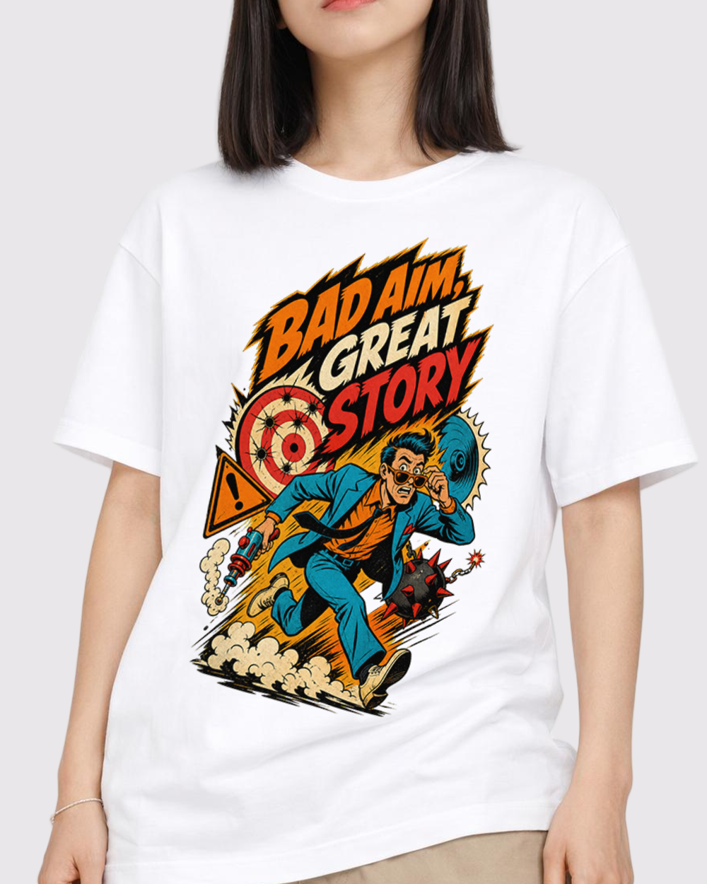 Bad Aim, Great Story Retro Graphic T-Shirt, primary front view, image 1