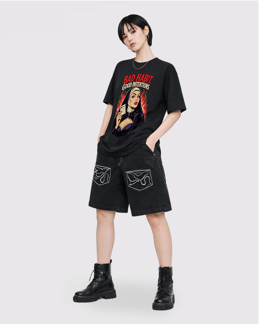 Bad Habit Good Intentions Retro Graphic T-Shirt, full body fit view, image 2