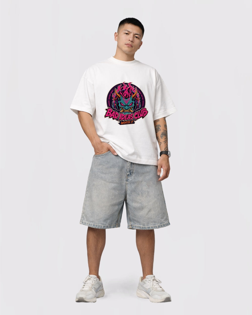 Beige Bad Ideas Club Graphic T-Shirt full body fit view 2 image