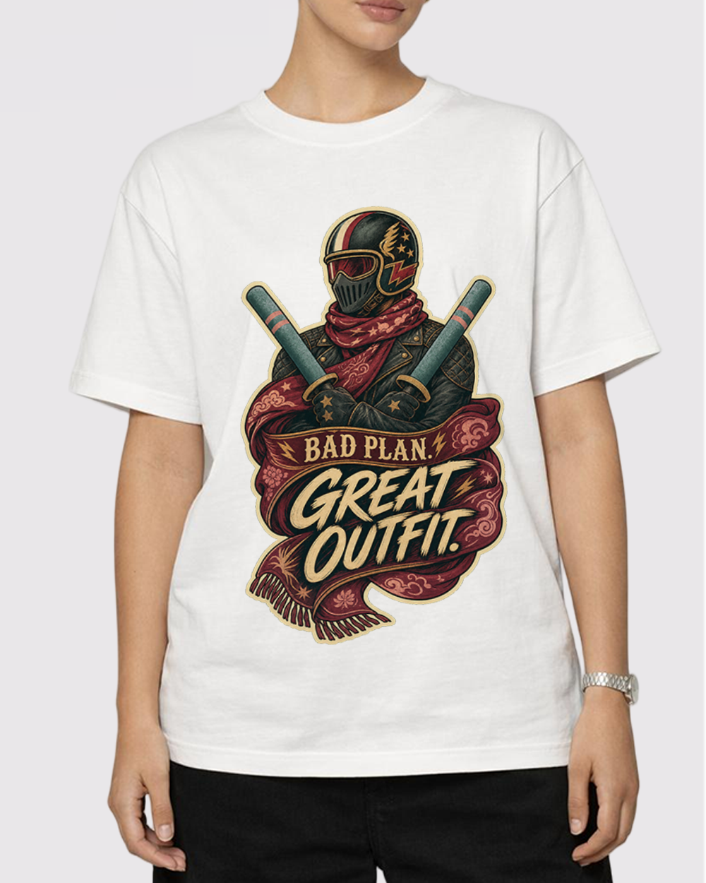 Bad Plan Great Outfit Retro Graphic T-Shirt, primary front view, image 1