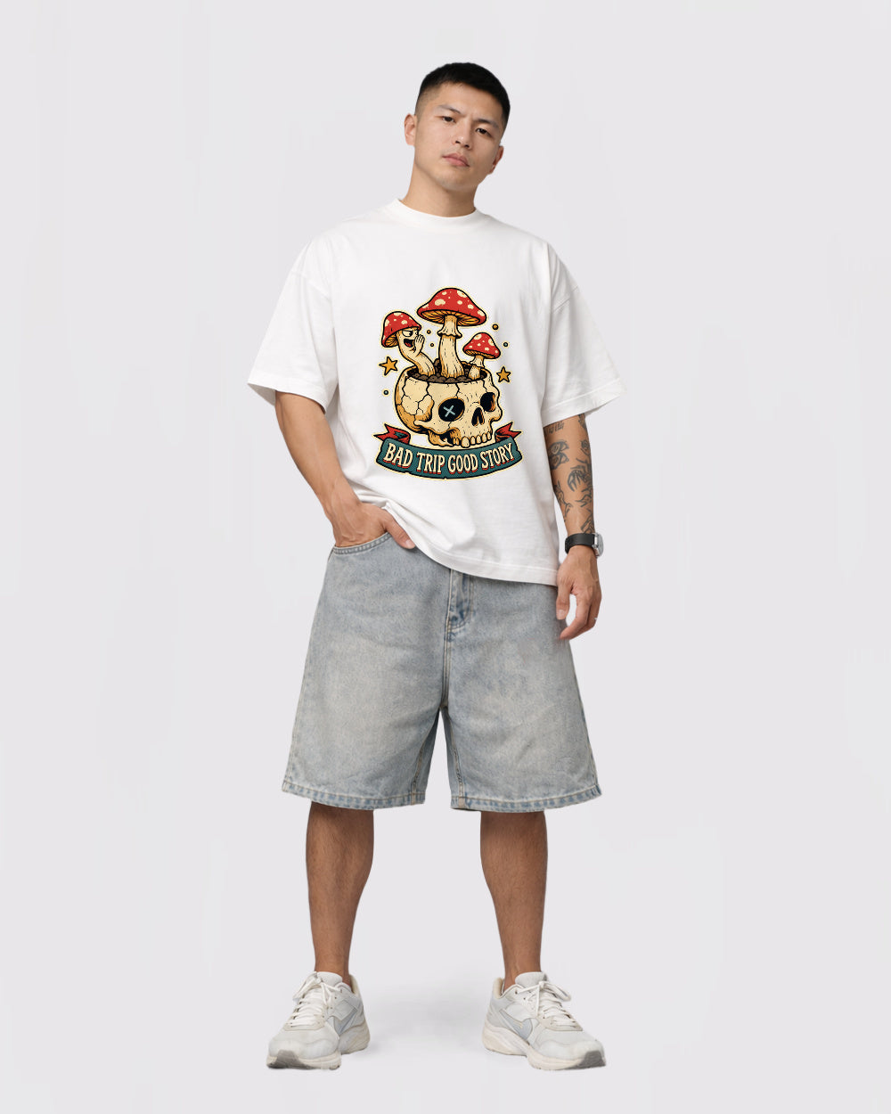 Beige Bad Trip Good Vibes Mushroom Graphic T-Shirt full body fit view 2 image