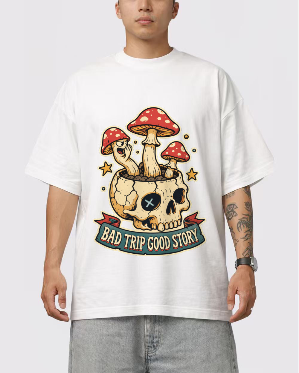 White Bad Trip Good Vibes Mushroom Graphic T-Shirt primary front view 1 image