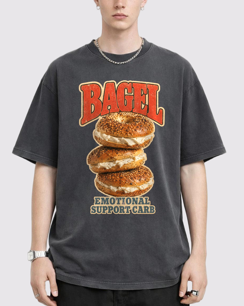 Bagel Emotional Support Carb Food Graphic T-Shirt, primary front view, image 1