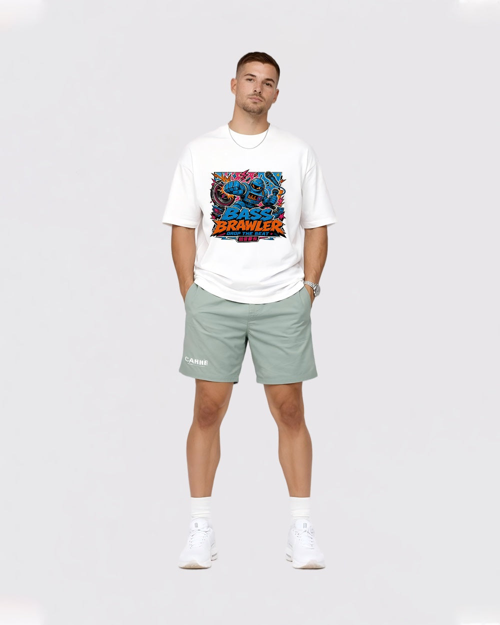 Bass Brawler Drop the Beat Streetwear Graphic T-Shirt, full body fit view, image 2