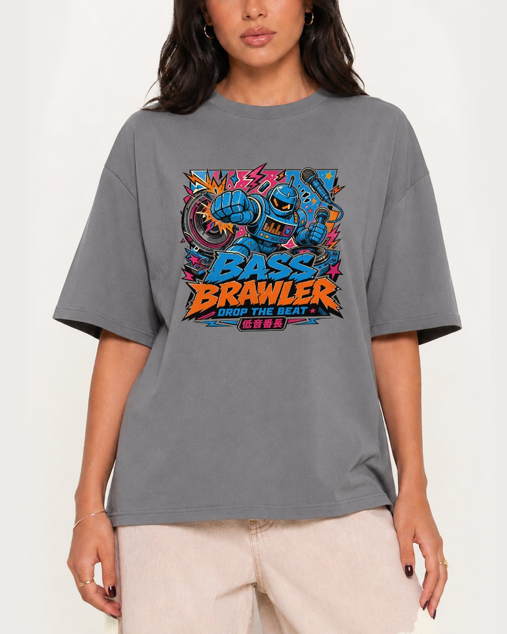 Bass Brawler Drop the Beat Streetwear Graphic T-Shirt in Gray, front model view 3