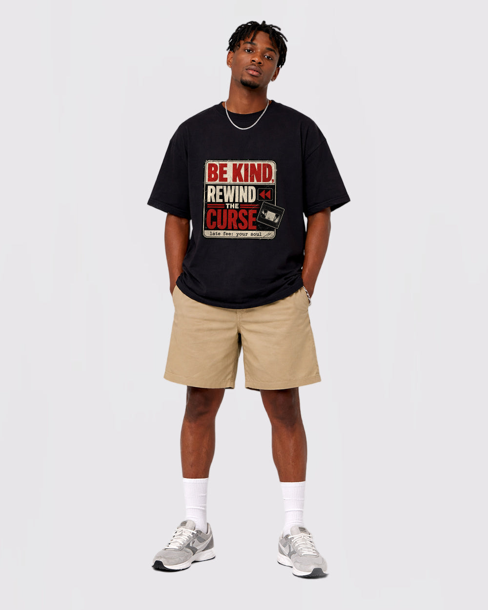 Be Kind, Rewind The Curse Dark Graphic T-Shirt, full body fit view, image 2