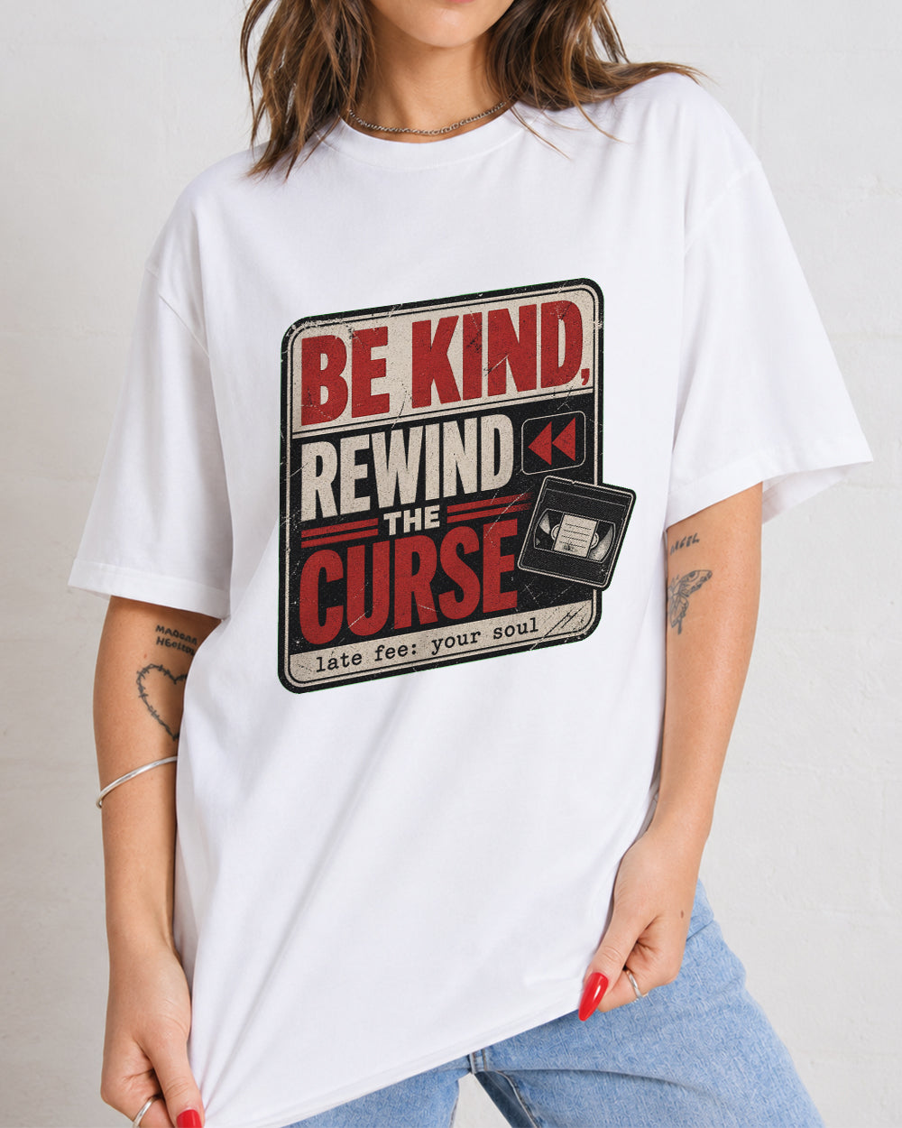 Be Kind, Rewind The Curse Dark Graphic T-Shirt in White, front model view 2