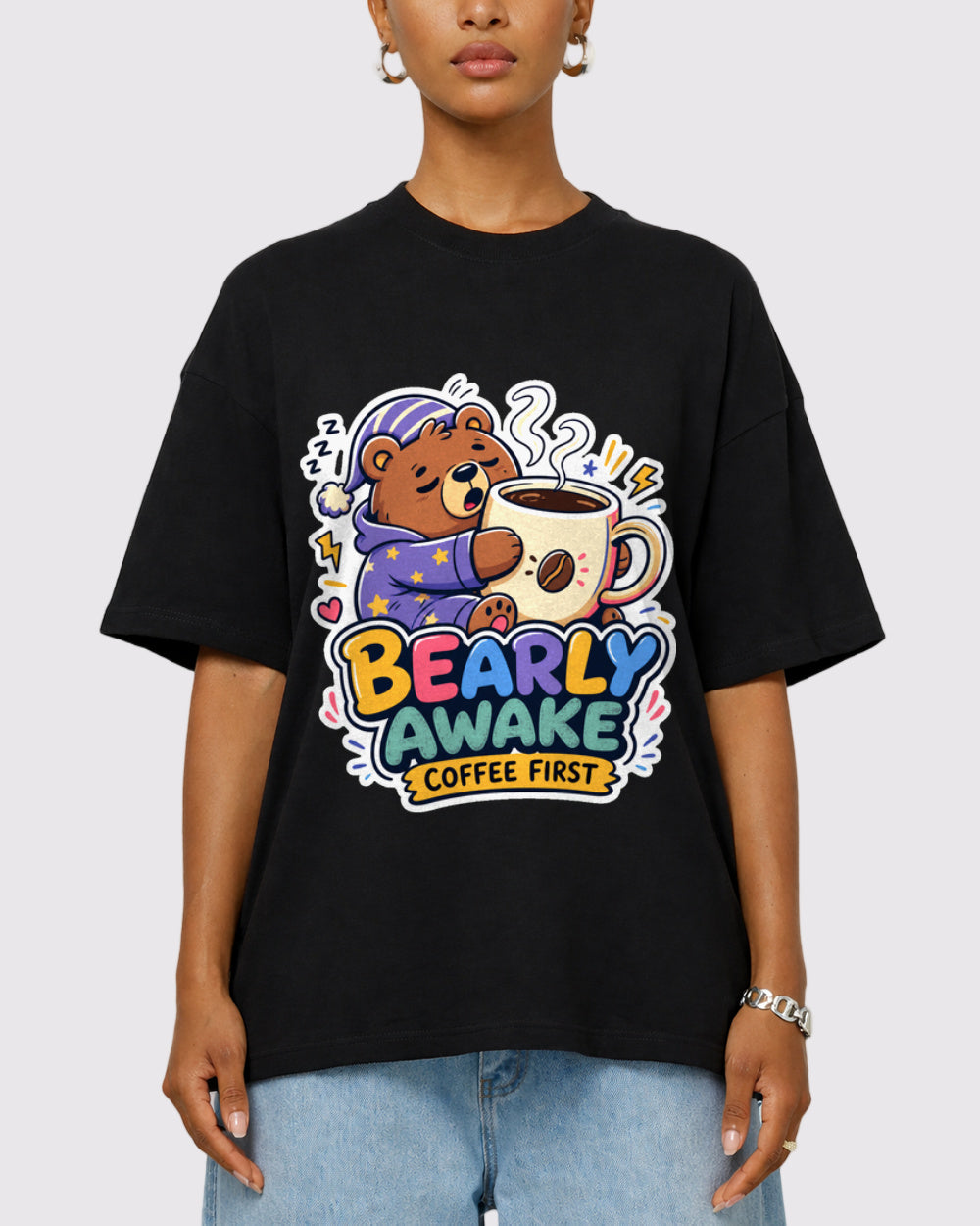 White T-shirt front view with Bearly Awake coffee bear graphic on chest