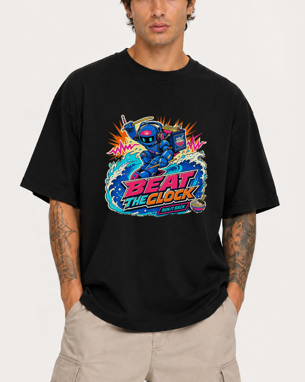 Beat the Clock Run It Back Streetwear Graphic T-Shirt in Black, front model view 1