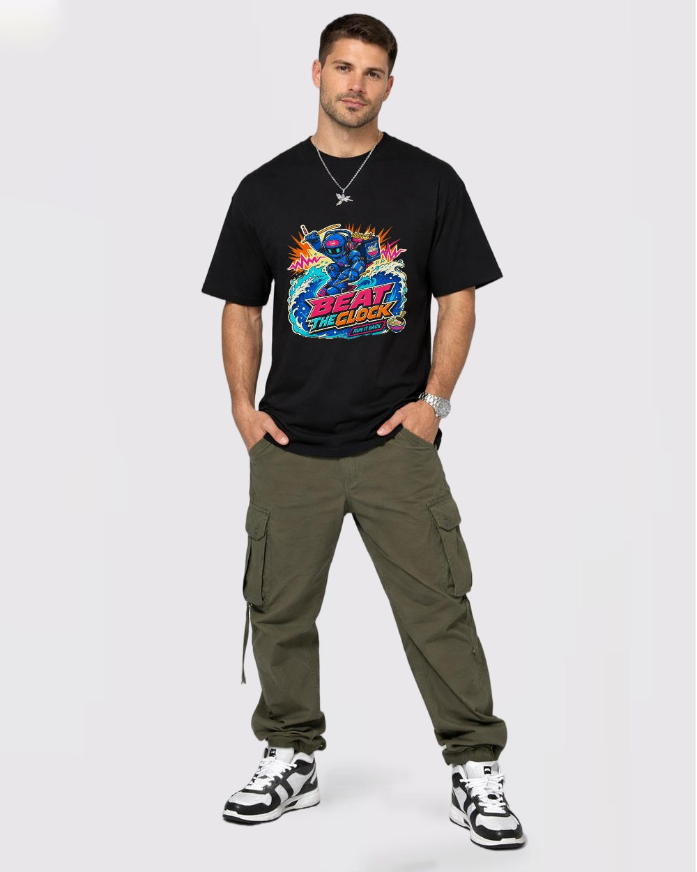 Beat the Clock Run It Back Streetwear Graphic T-Shirt, full body fit view, image 2