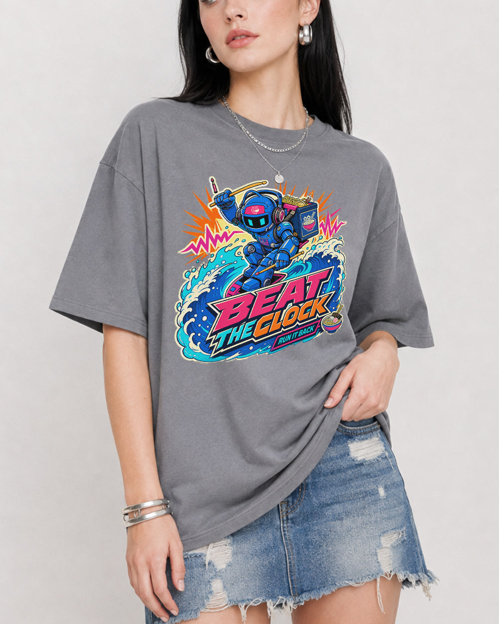 Beat the Clock Run It Back Streetwear Graphic T-Shirt in Gray, front model view 3