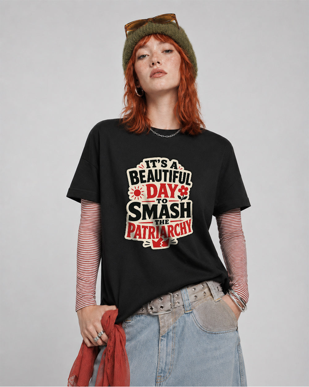Beautiful Day To Smash The Patriarchy Pop Culture Graphic T-Shirt in Black, front model view 1