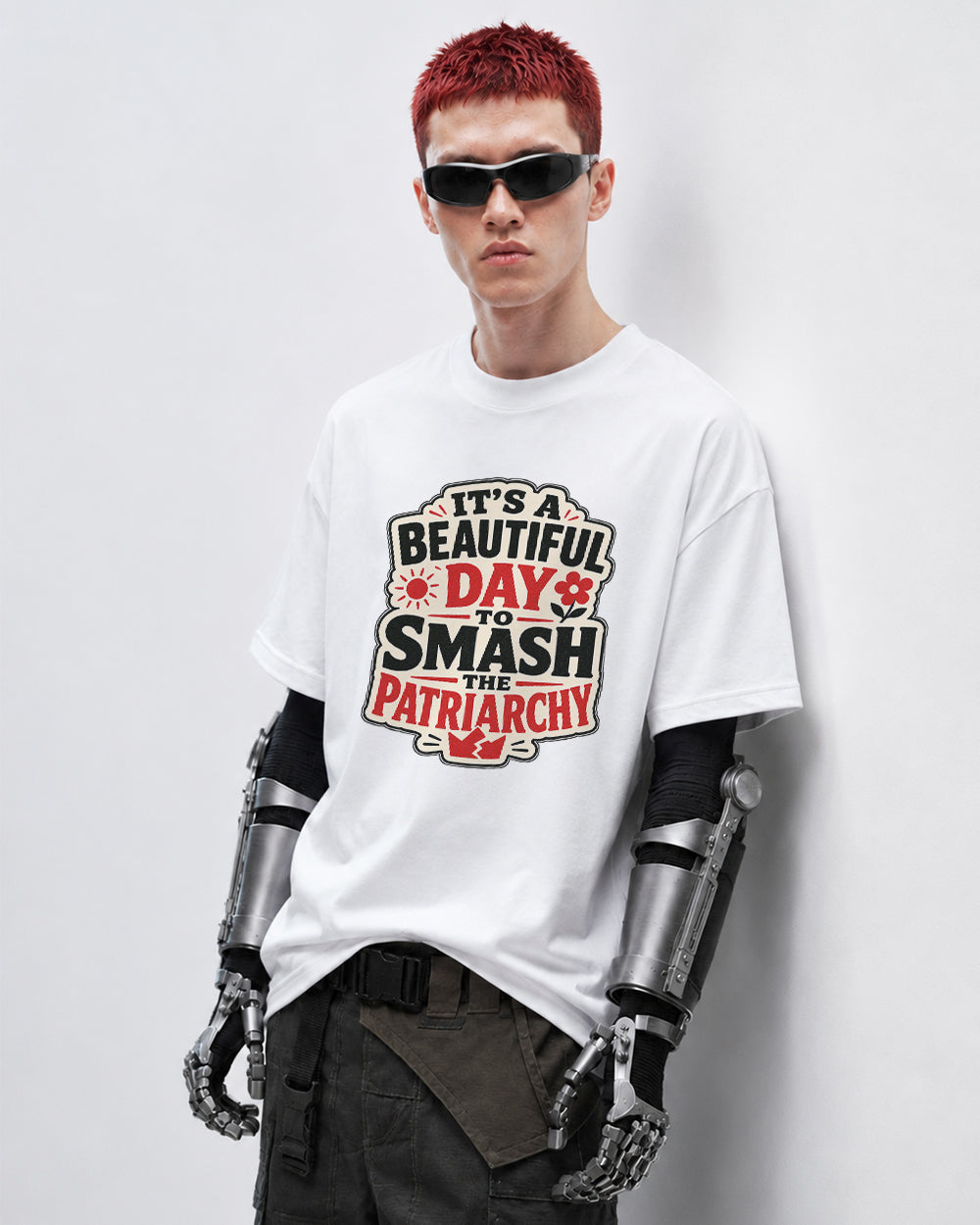 Beautiful Day To Smash The Patriarchy Pop Culture Graphic T-Shirt in White, front model view 7