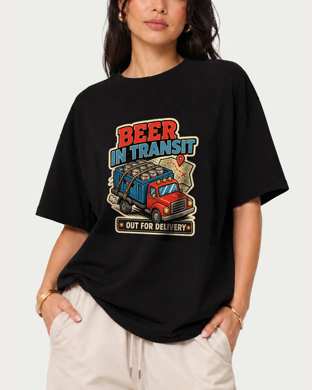 Beer in Transit Out for Delivery Pop Culture Graphic T-Shirt in Black, front model view 1