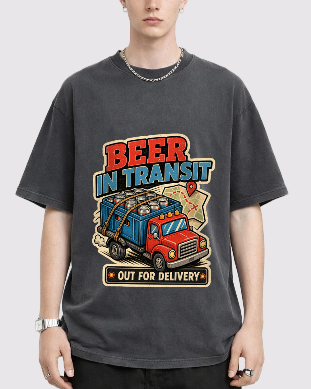 Beer in Transit Out for Delivery Pop Culture Graphic T-Shirt, primary front view, image 1