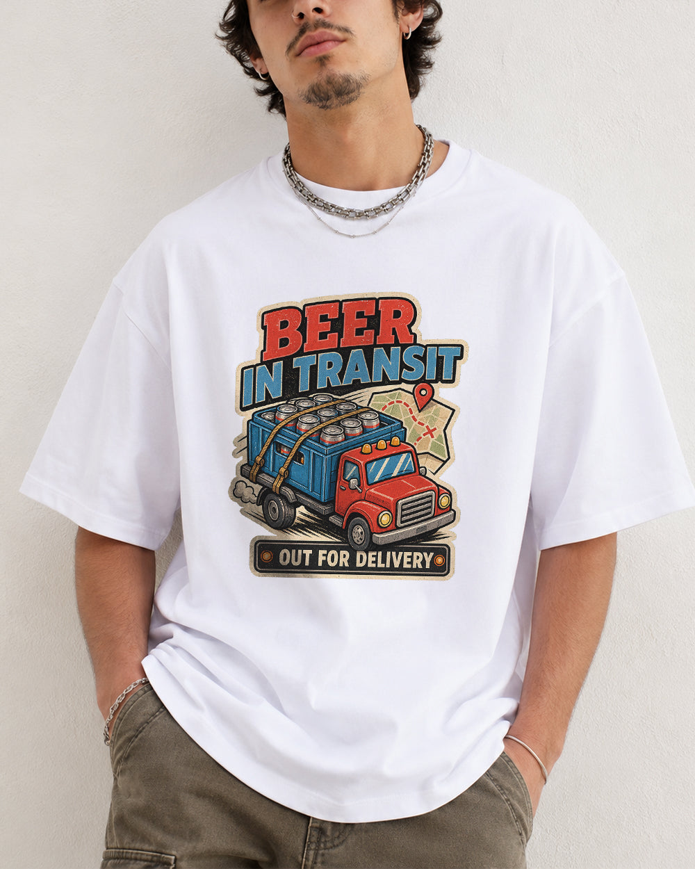 Beer in Transit Out for Delivery Pop Culture Graphic T-Shirt in White, front model view 7