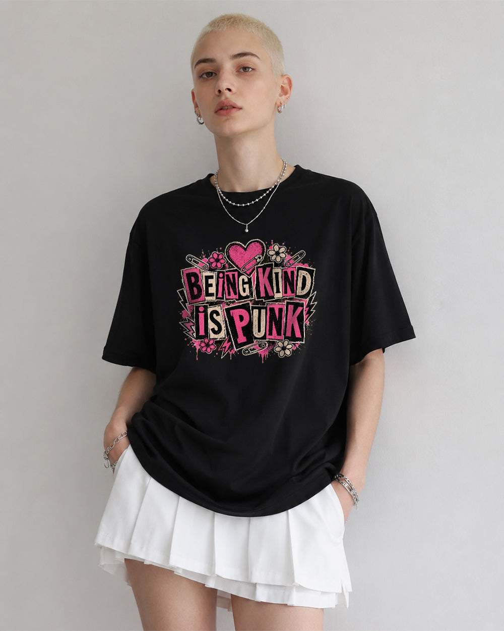 Being Kind Is Punk Funny Graphic T-Shirt in Black, front model view 1