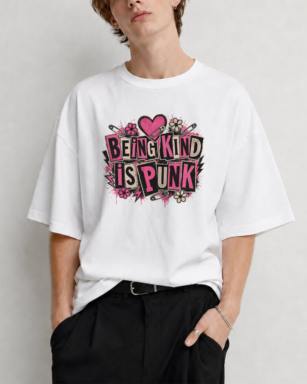 Being Kind Is Punk Funny Graphic T-Shirt in White, front model view 8