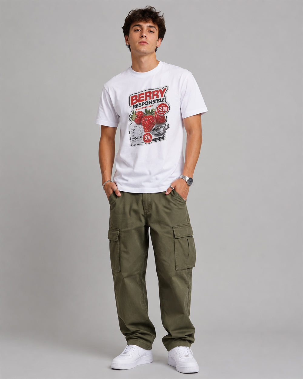 Berry Responsible, Please Don't Check Food Graphic T-Shirt in Black, front model view 1