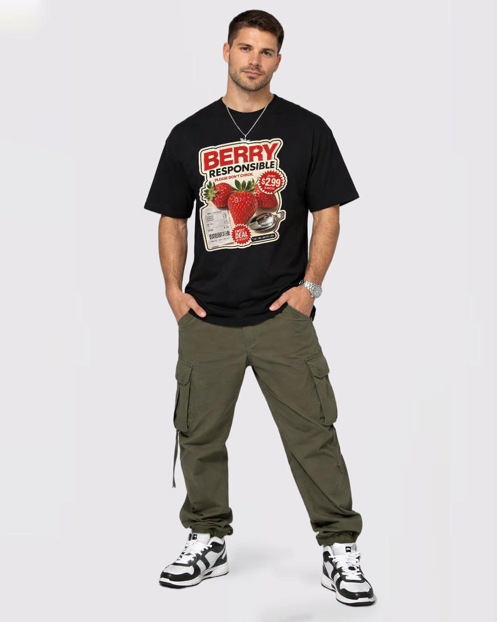 Berry Responsible, Please Don't Check Food Graphic T-Shirt, full body fit view, image 2