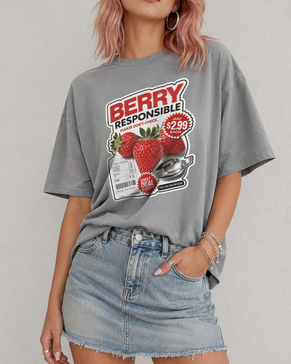 Berry Responsible, Please Don't Check Food Graphic T-Shirt in Gray, front model view 7