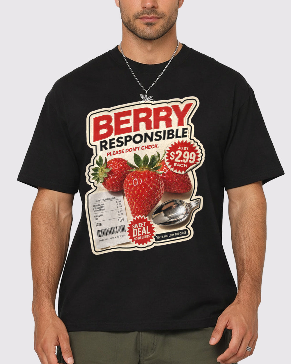 Berry Responsible, Please Don't Check Food Graphic T-Shirt, primary front view, image 1