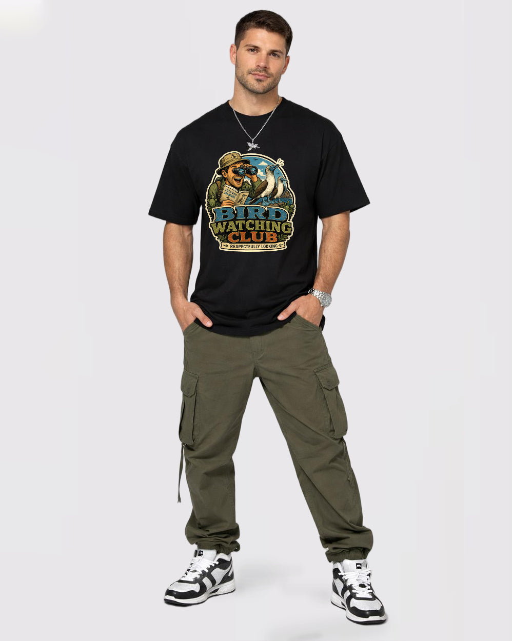 Beige Bird Watching Club Graphic T-Shirt full body fit view 2 image