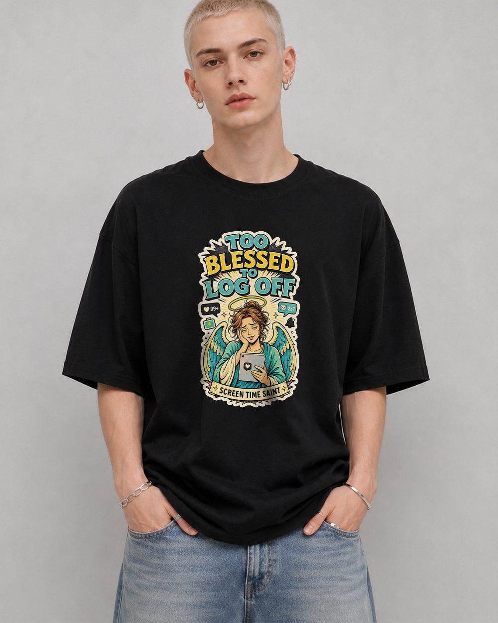 Blessed, Log Off Funny Graphic T-Shirt in Black, front model view 1