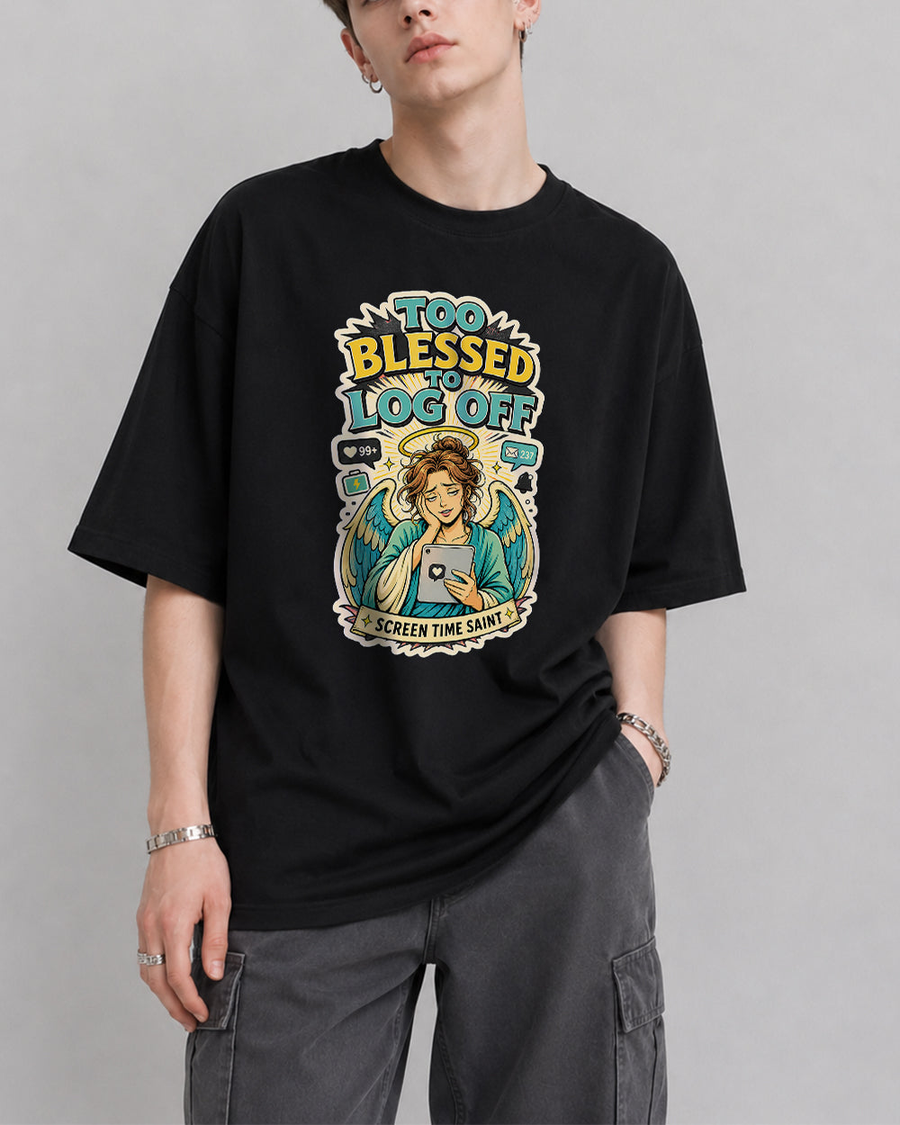 Blessed, Log Off Funny Graphic T-Shirt in Black, front model view 2