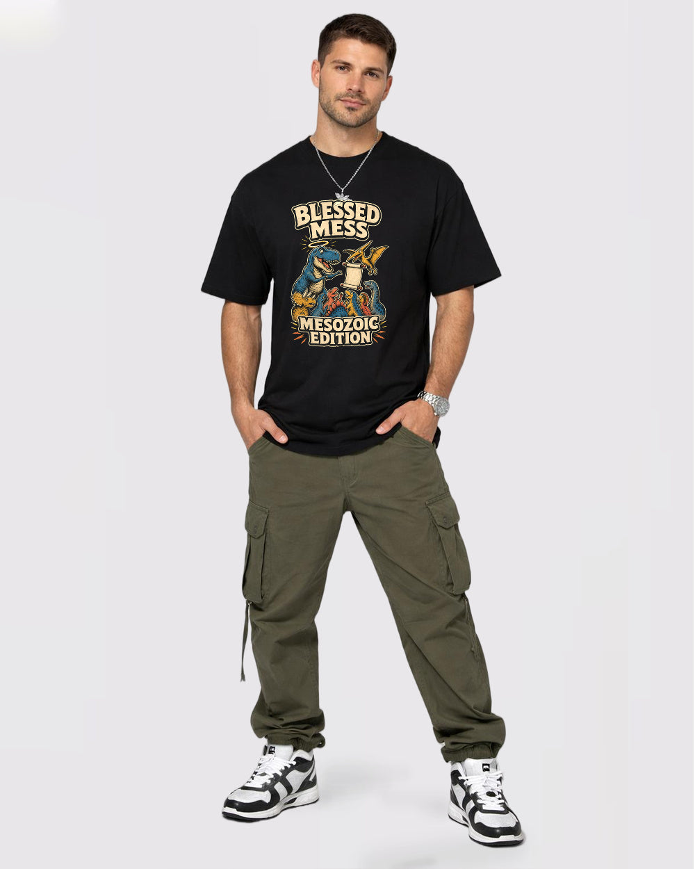 Blessed Mess Mesozoic Edition Animal Graphic T-Shirt, full body fit view, image 2
