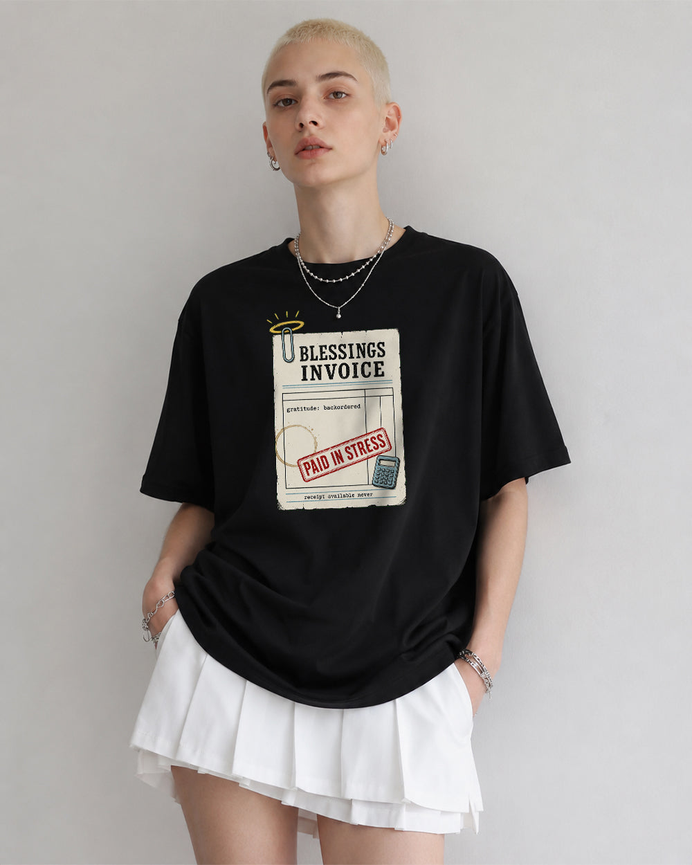 Blessings Invoice, Paid In Stress Funny Graphic T-Shirt in Black, front model view 1