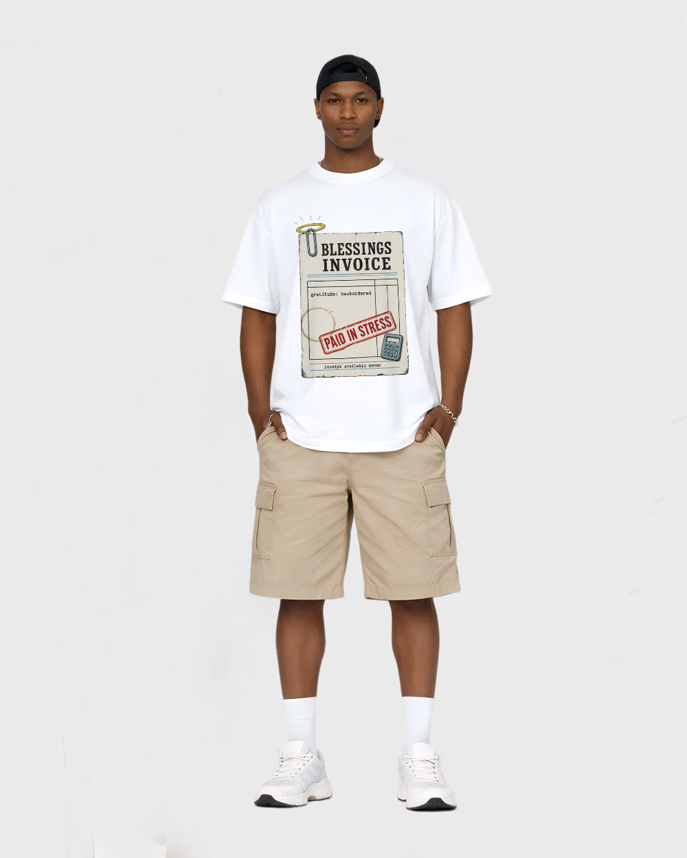 Blessings Invoice, Paid In Stress Funny Graphic T-Shirt, full body fit view, image 2