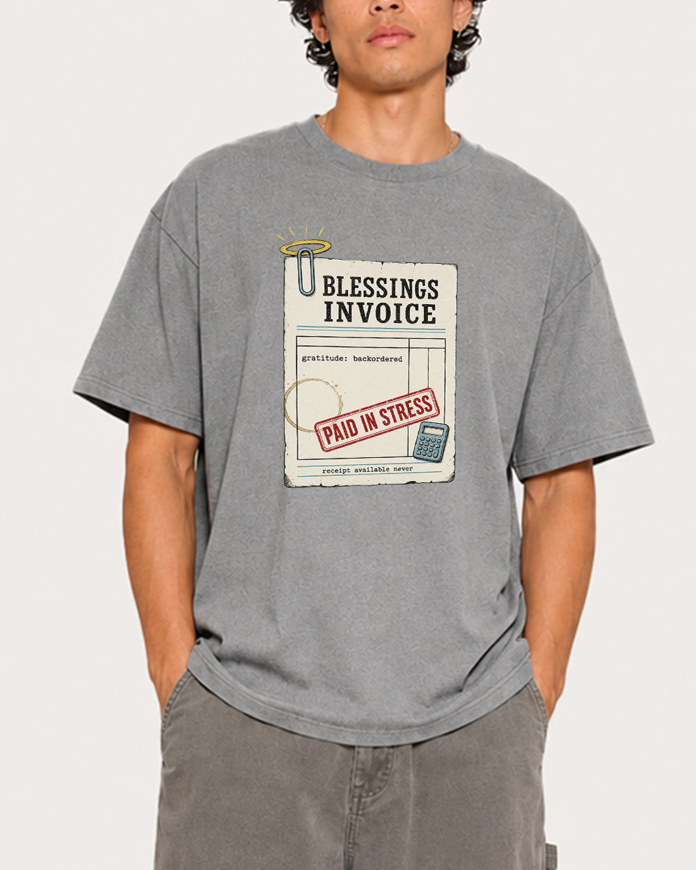 Blessings Invoice, Paid In Stress Funny Graphic T-Shirt in Gray, front model view 4
